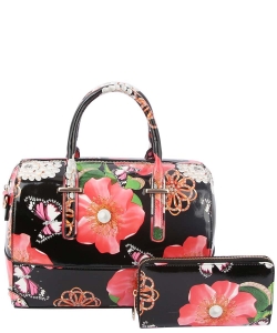 2 in 1 Patent Floral Satchel LY0971W BLACK